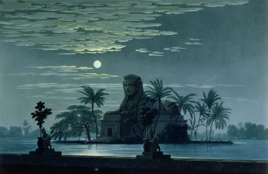 Hagescene med sfinksen i måneskinn, scene 3 i akt II, scenografi til «Tryllefløyten» av Wolfgang Amadeus Mozart (1756-91) for operaen i Berlin, 1816